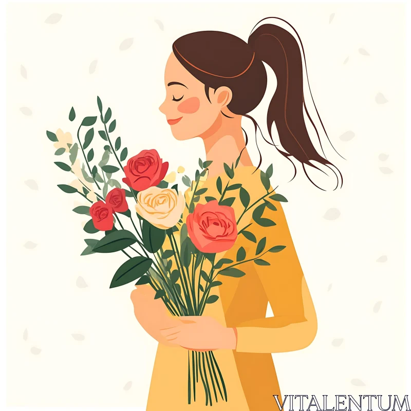 Serene Woman Holding Flowers Art AI Image