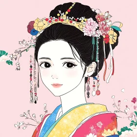 Anime Style Woman with Floral Adornments