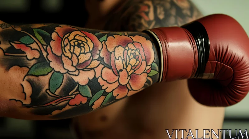 Tattooed Boxer Arm with Flower Designs AI Image