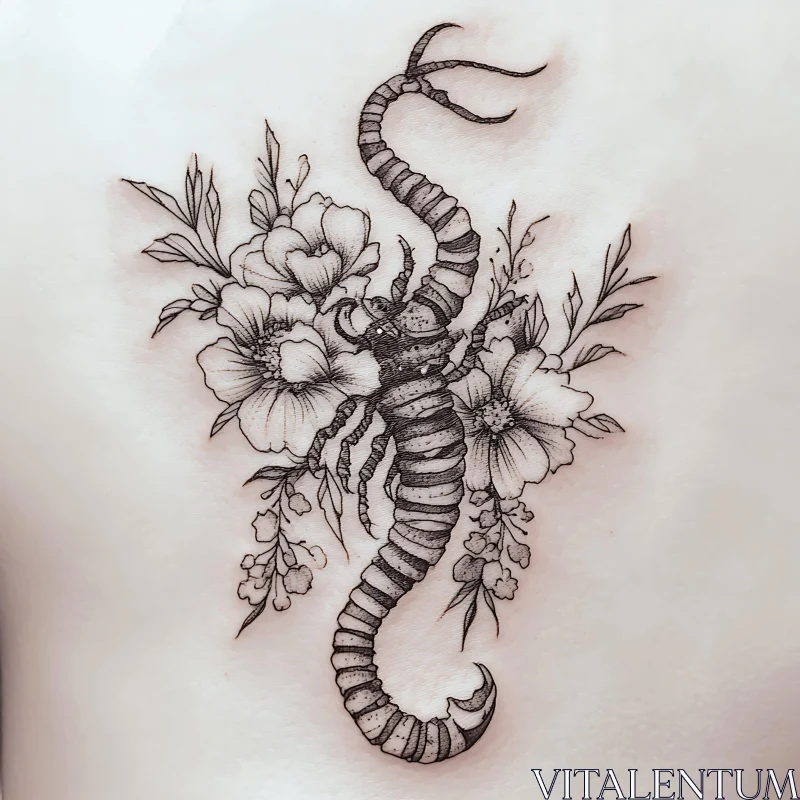 Centipede and Flowers Tattoo in Black Ink AI Image