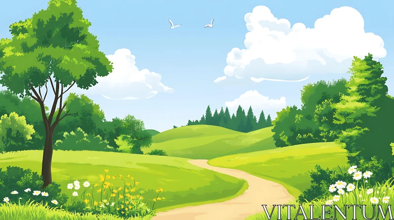 Peaceful Countryside Scene with Birds AI Image