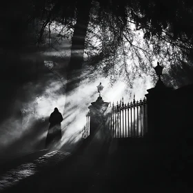 Monochrome Mystery: Figure at the Gate