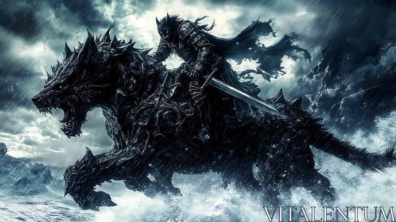 Dark Knight Riding Wolf Creature AI Image