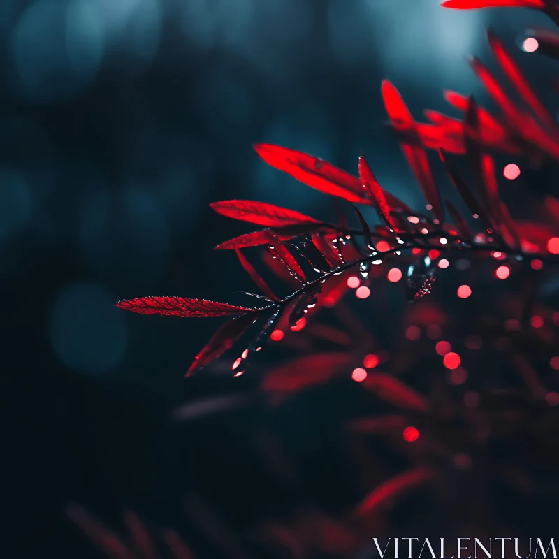 Red Leaves with Dew Drops and Blurred Lights AI Image