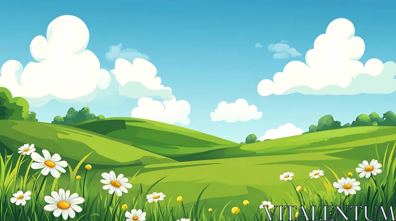 AI ART Whimsical Green Hills Landscape with Flowers