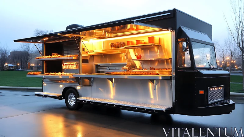 Illuminated Black Food Truck at Dusk AI Image