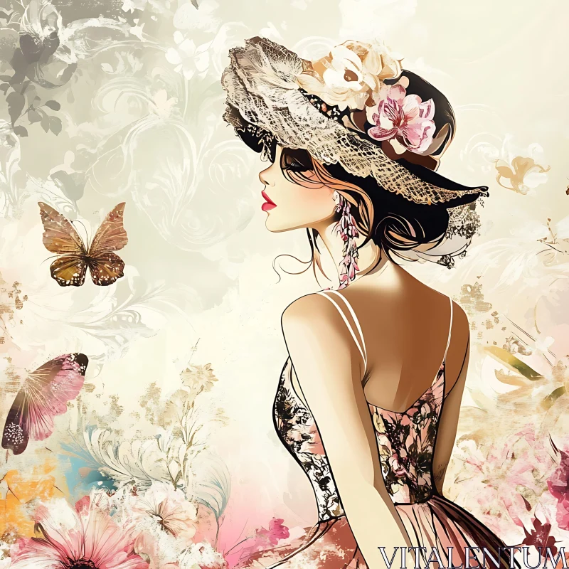 Floral Dress and Hat with Butterflies AI Image