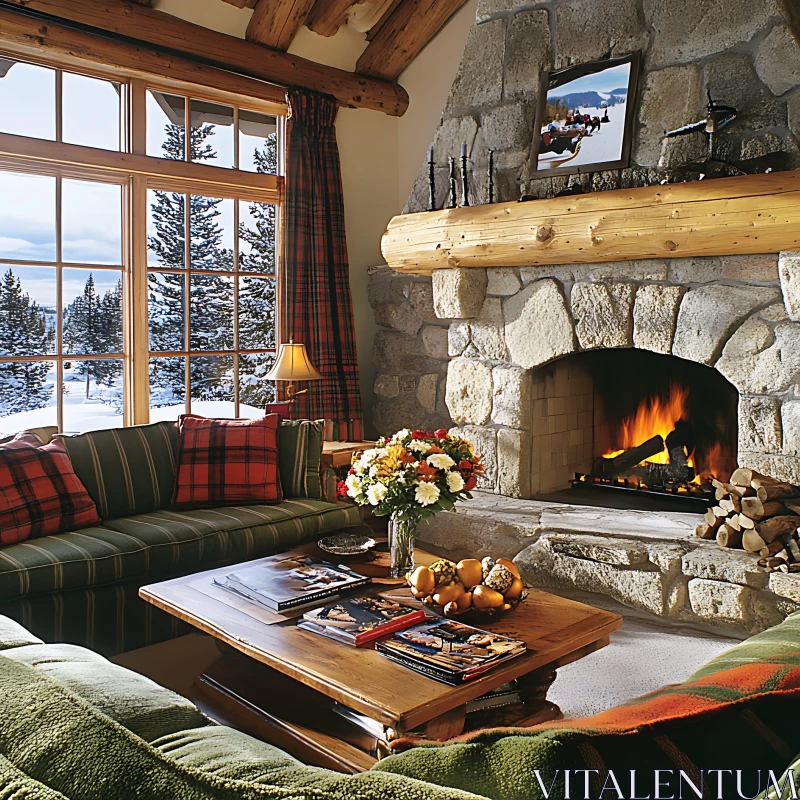 AI ART Rustic Interior with Fireplace and Snowy View