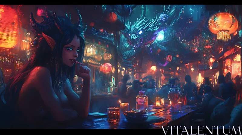 AI ART Bar Scene with Demon and Dragon