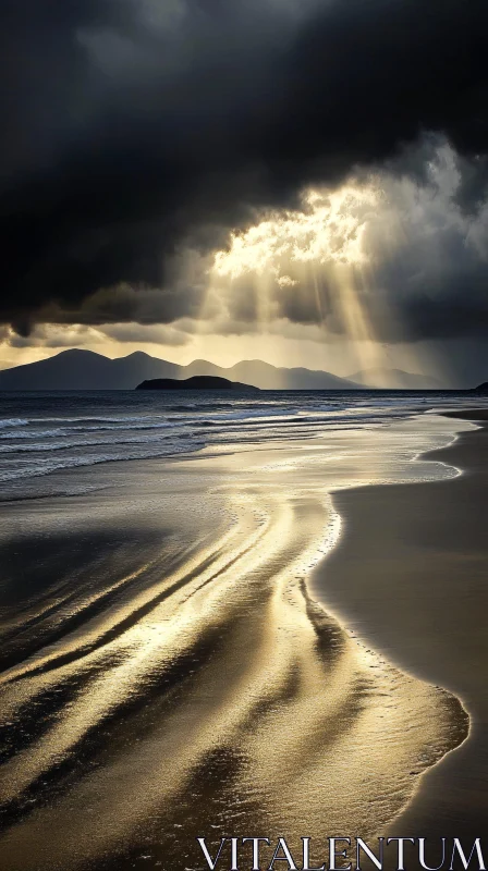 AI ART Sunrays Breaking Through Clouds on a Tranquil Coastline