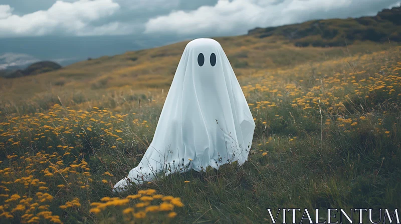 Ghostly Figure Among Wildflowers Scenery AI Image