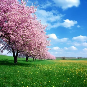 Blossoming Trees Landscape with Blue Sky