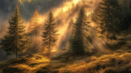 Misty Sunrise in the Pine Forest