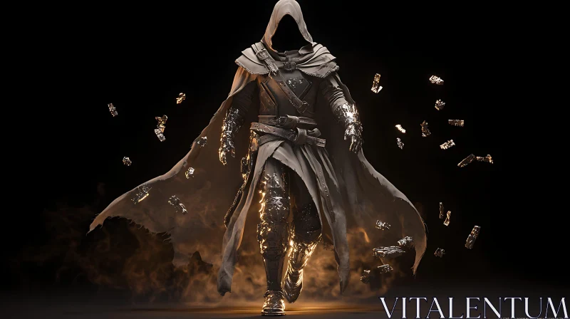 Hooded Figure Amidst Floating Shards AI Image