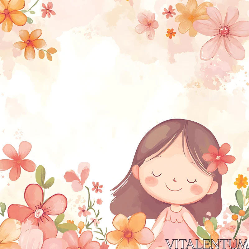 Cartoon Girl with Floral Frame AI Image