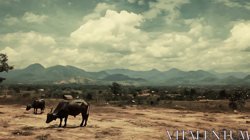 Cows Grazing with Mountain View AI Image