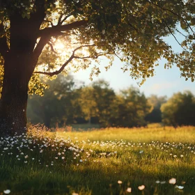 Sunlit Field with Tree and Flowers