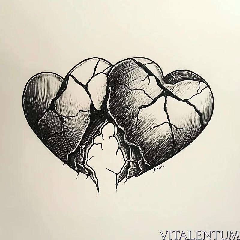 Cracked Hearts: Pen and Ink Illustration AI Image