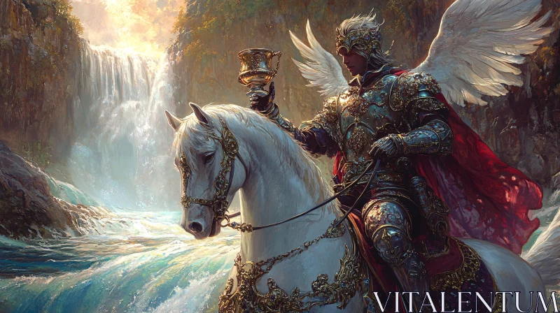 AI ART Angel Knight with Horse Near Waterfall