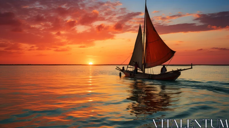 Captivating Sunset Sailboat Artwork Inspired by Traditional Arts | Exotic and Romantic Theme AI Image