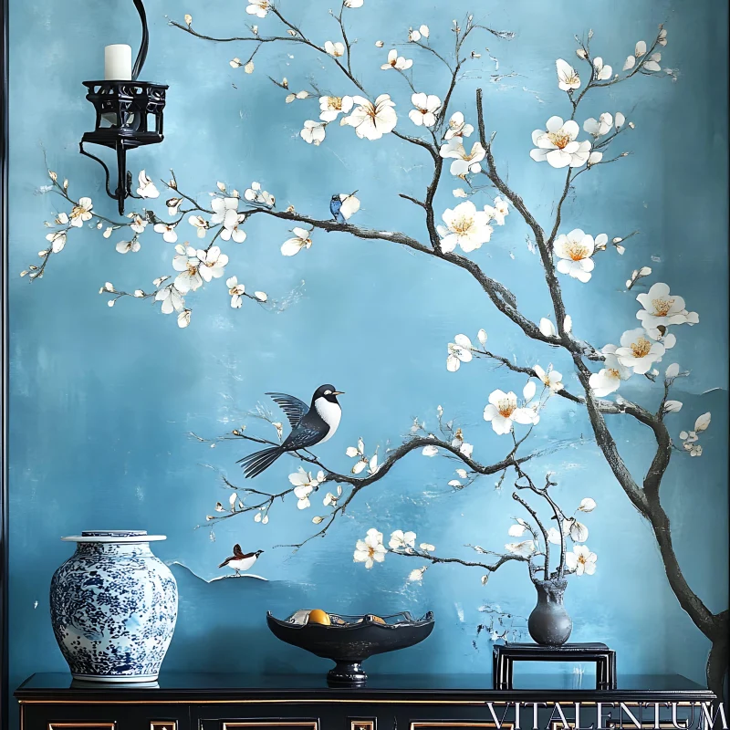 Birds and Blossoms on Blue Canvas AI Image