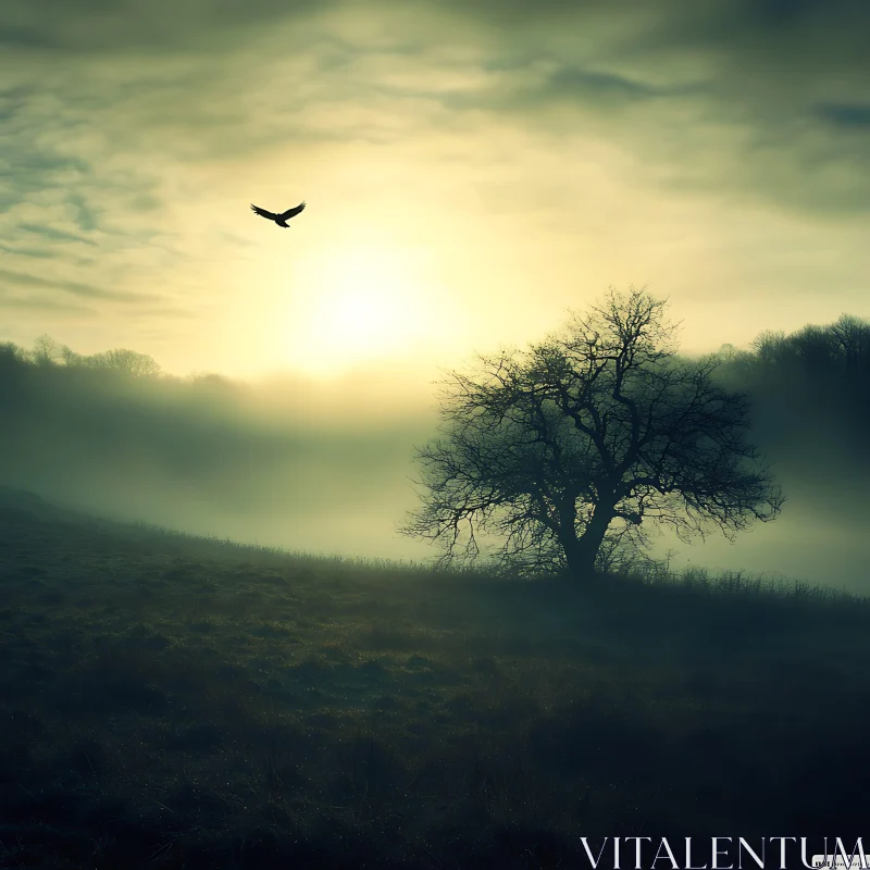 AI ART Solitary Bird in Foggy Nature Scene