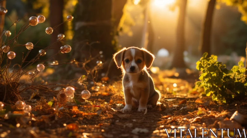 Enchanting Autumn Puppy in Woodland Scene AI Image