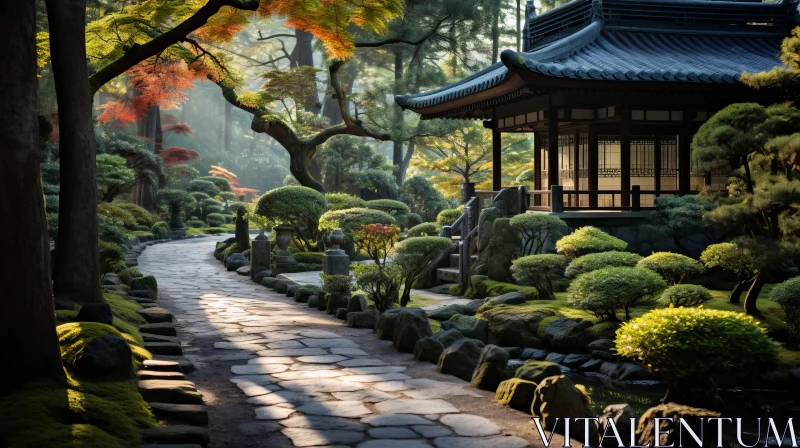 Enchanting View of Japanese Garden with Traditional Pagoda AI Image