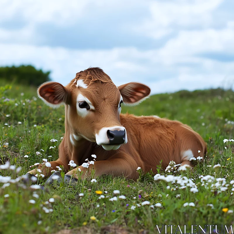 Peaceful Cow in a Floral Field AI Image