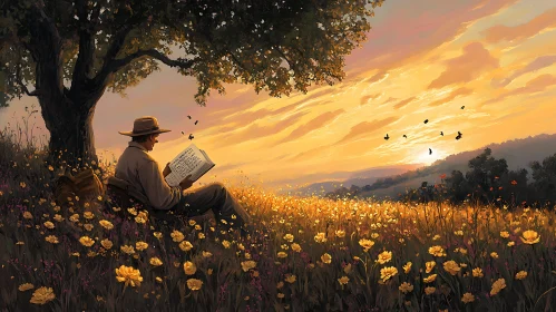 Man Reading at Sunset in Flower Field