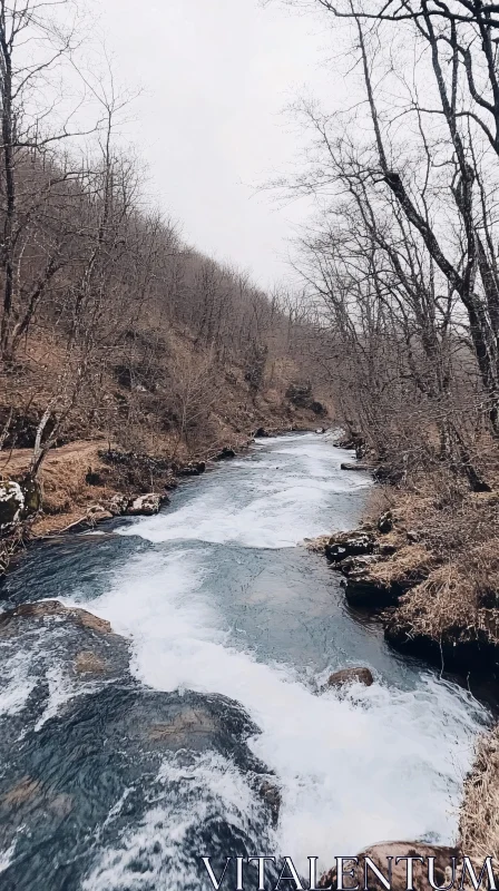 AI ART Tranquil River Flowing Through Bare Winter Forest