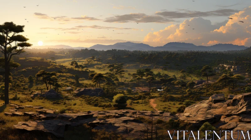 Rocky Landscape at Sunset: A Serene Pastoral Scene AI Image