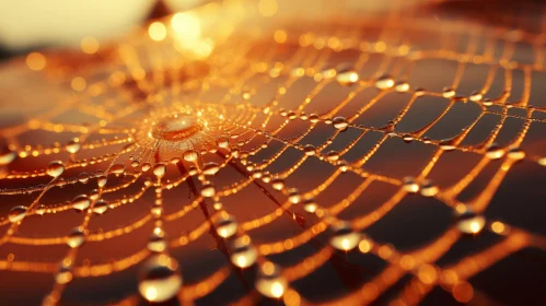 Sunlit Spider Web with Water Drops - Bronze Tones and Technological Wonders