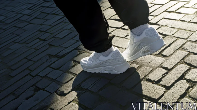 White Nike Air Max 90 Sneakers on Cobblestone Street AI Image
