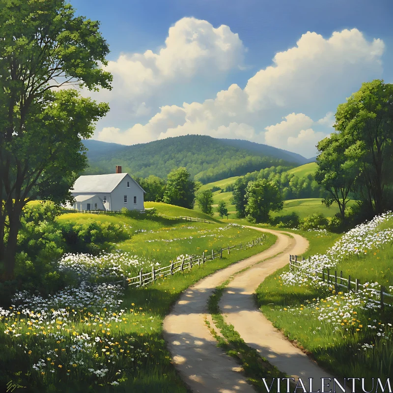 Idyllic Countryside Scene with White House AI Image