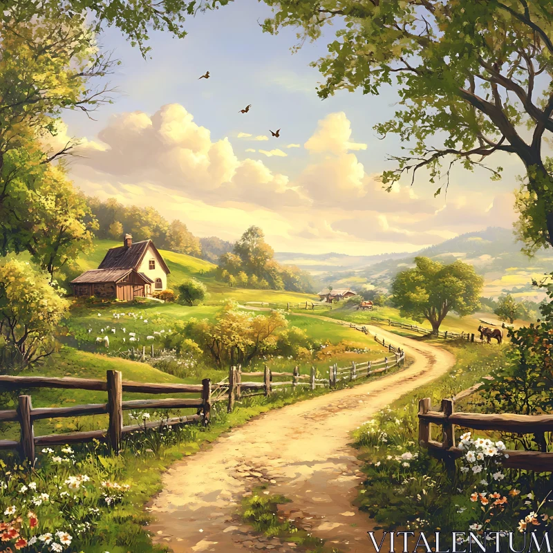 AI ART Tranquil Landscape Painting of Rural Farmland