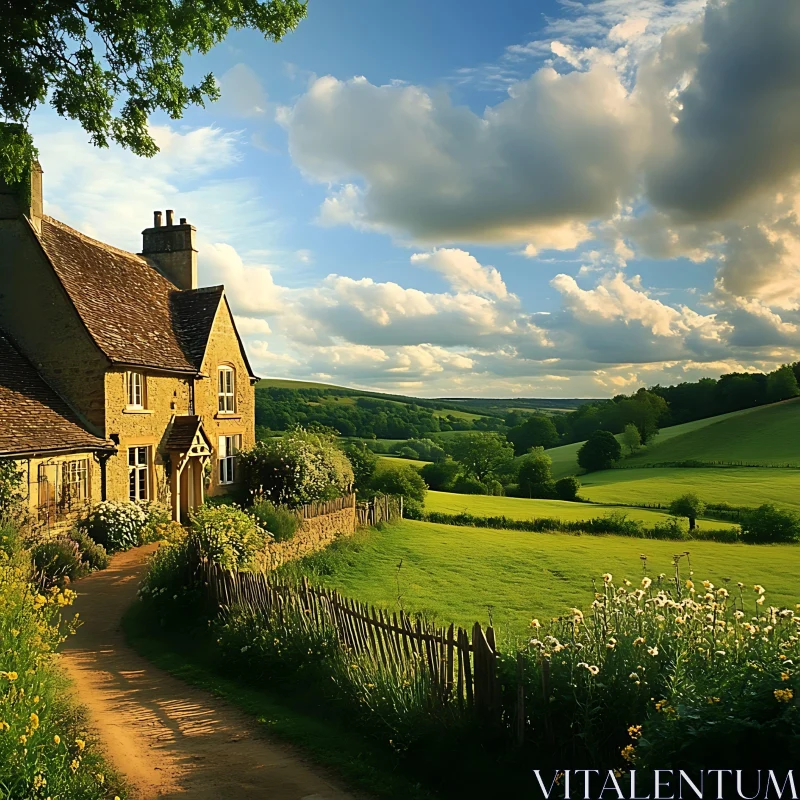 Idyllic Rural Scene with Stone Cottage AI Image