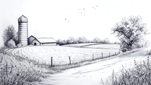 Black and White Farm Scene