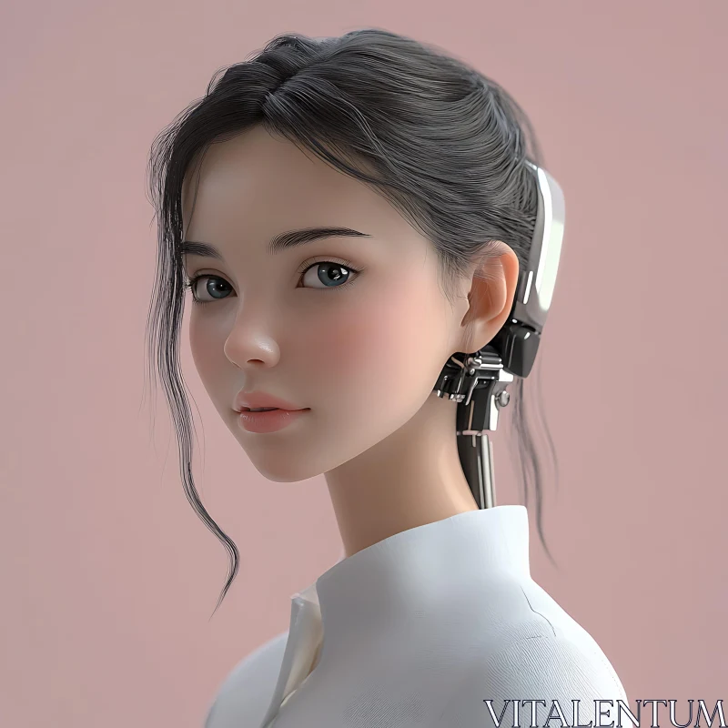 Futuristic Female Cyborg with Soft Pink Background AI Image