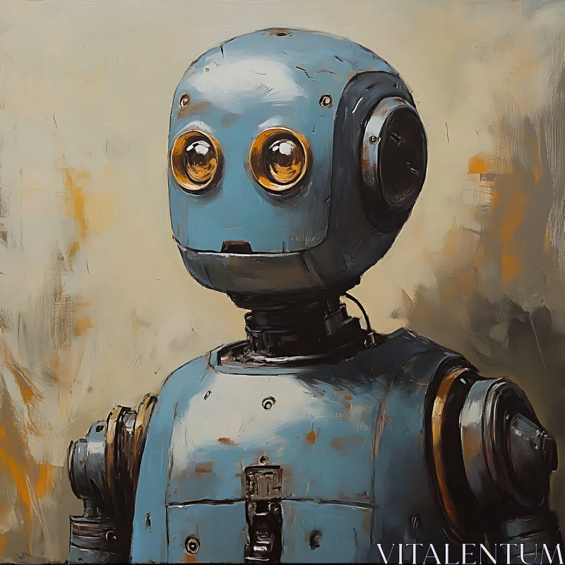 Blue Robot with Glowing Eyes Painting AI Image