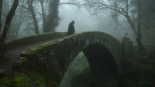 Cloaked Figure on Ancient Stone Bridge