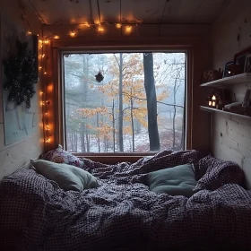 Winter Cabin Interior with Forest View