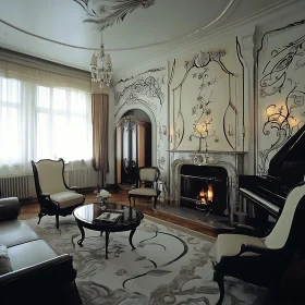 Refined Room with Fireplace and Piano