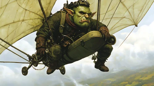 Steampunk Orc in Flight Above the Clouds