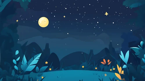 Moonlit Night Scenery with Starry Sky