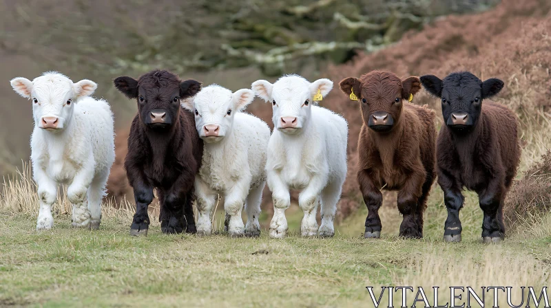 Six Calves Portrait on Green Meadow AI Image