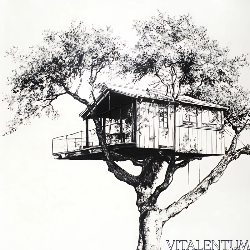 Monochrome Treehouse in the Sky AI Image