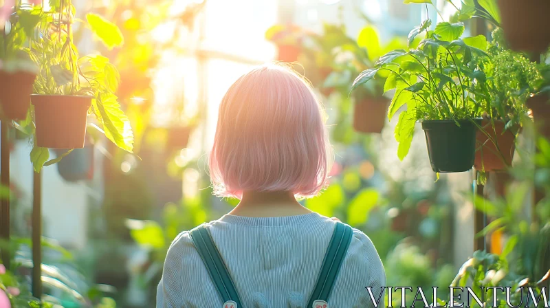 AI ART Girl with Pink Hair Surrounded by Plants