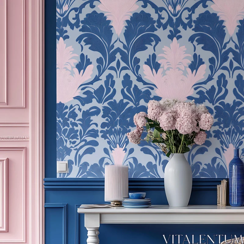 Floral Wallpaper Interior with Pink Hydrangeas AI Image