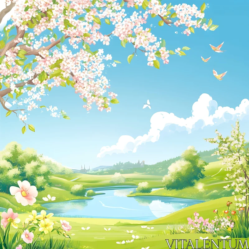 AI ART Peaceful Lake Scenery with Flowers